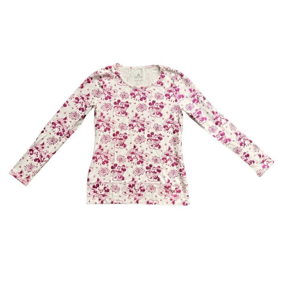 Disney Parks Pink White Crew Neck Long Sleeve Minnie Mickey Shirt Top (Girls XL)